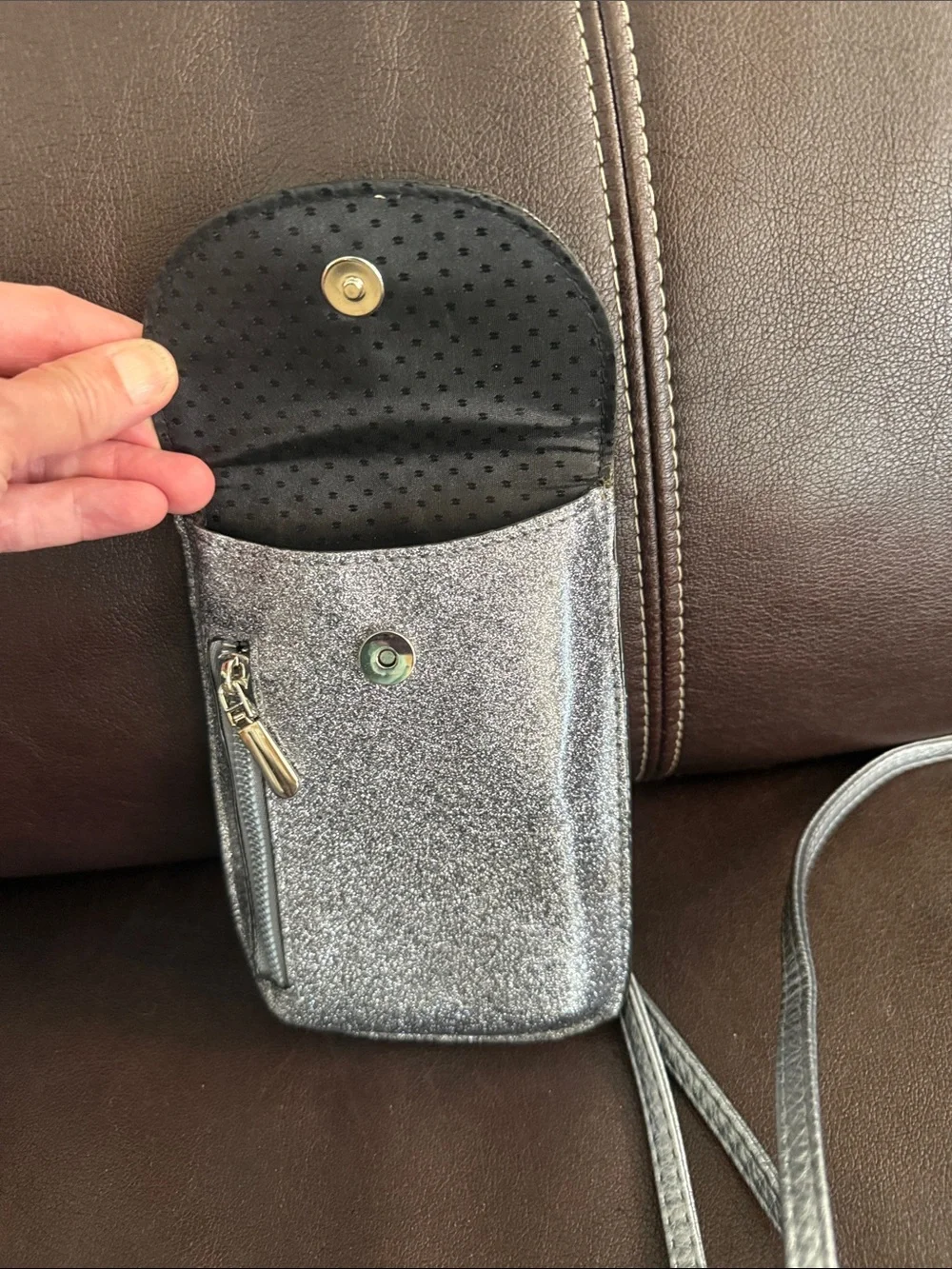 Silver Glitter Crossbody Phone Bag - Compact Women's Shoulder Purse